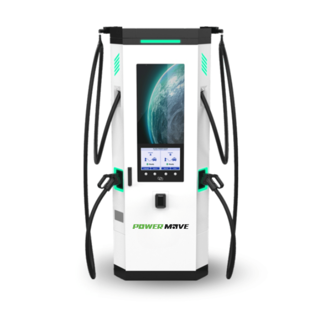 Voltaris 480 Ultra-High Power EV Charger with 32-inch advertising display, liquid-cooled cables, and stainless steel housing.